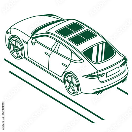 Modern electric sedan with panoramic sunroof driving on a road clean line art illustration in dark green outline on white background automotive design concept