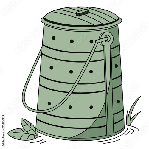 A simple cartoon illustration of a green compost bin with a lid and handle sitting on the ground with a few leaves and blades of grass