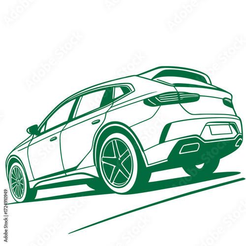 Modern green line art illustration of a sleek futuristic suv or crossover vehicle viewed from the rear three quarter angle on a white background with a road graphic