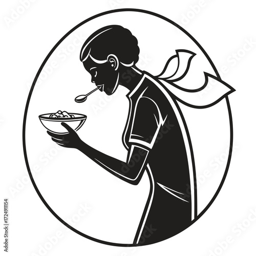 Stylized black and white illustration of a woman in profile eating cereal from a bowl with a spoon framed within a circle suggesting a healthy breakfast or mealtime