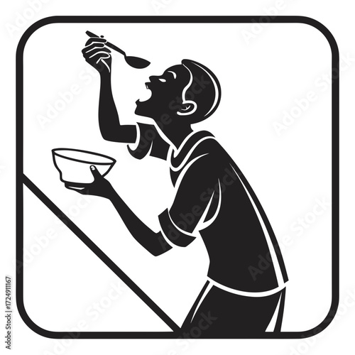 Stylized black silhouette of a young person enthusiastically eating from a bowl with a spoon conveying hunger and enjoyment