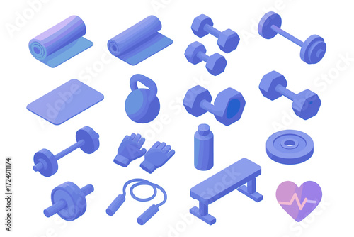 Isometric gym equipment collection: dumbbells, kettlebell, bench, jump rope, yoga mat