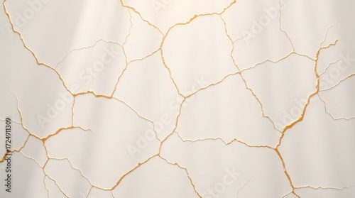 Abstract cracked surface with golden kintsugi texture. Elegant minimal background with metallic shimmering lines and falling shadows.