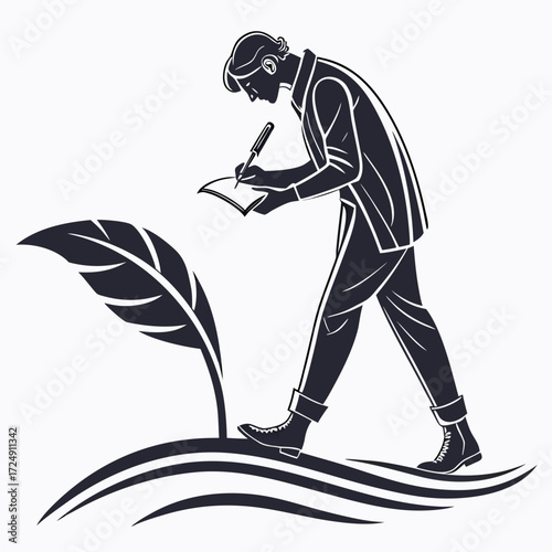 A man in a suit walks and writes in a notebook with a pen next to a large quill pen on a stylized wavy ground