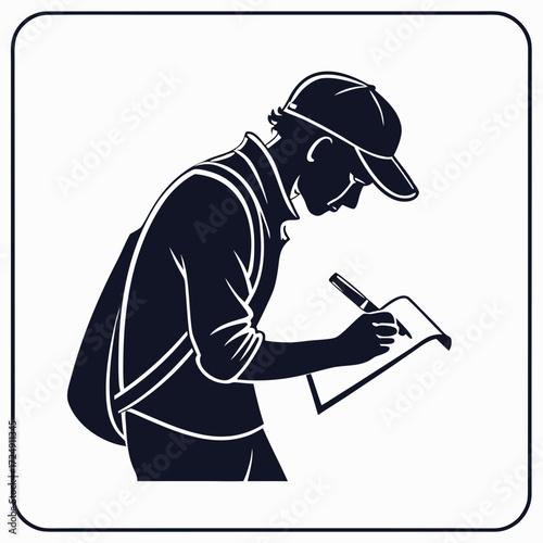 Silhouette of a person wearing a baseball cap and backpack focused on writing notes on a clipboard with a pen representing research study or fieldwork