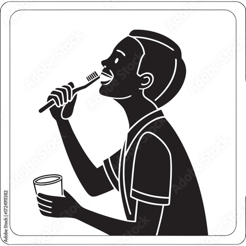 A stylized black and white illustration of a person brushing their teeth with a toothbrush and holding a glass of water representing good oral hygiene and daily routine