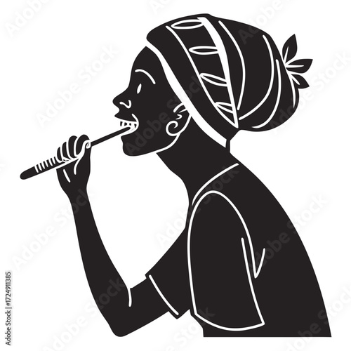 Silhouette of a woman wearing a headscarf brushing her teeth with a toothbrush representing daily hygiene and self care