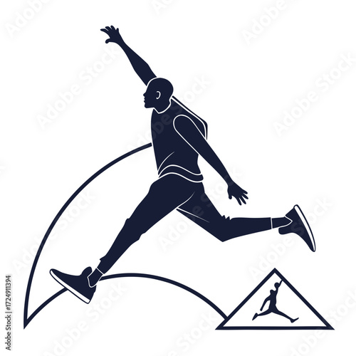 Dynamic silhouette of a basketball player in mid air jump symbolizing athleticism movement and iconic sports branding with a stylized arc and a triangular emblem