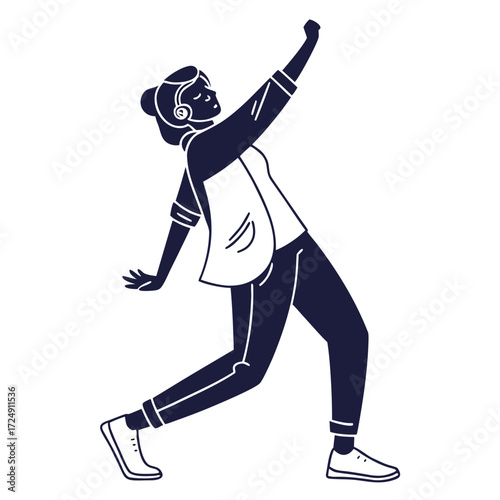 A woman with headphones on dancing energetically with one arm raised in a celebratory gesture embodying joy and freedom of movement