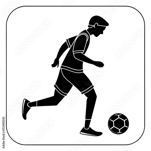 Silhouette of a male soccer player dribbling a ball depicted in a clean modern graphic style with a white background and rounded corners representing sport and activity
