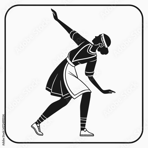Stylized silhouette of a woman in motion depicting graceful movement and athleticism with a retro art deco aesthetic