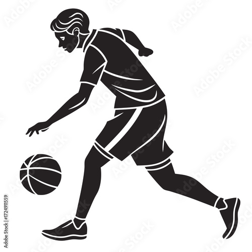 Dynamic silhouette of a basketball player dribbling the ball with speed and agility in a stylized graphic