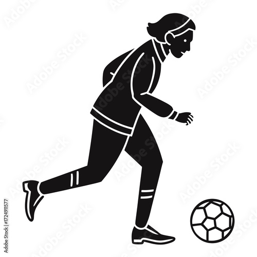 Stylized black silhouette of a person playing soccer running with a ball isolated on a white background representing sport and activity