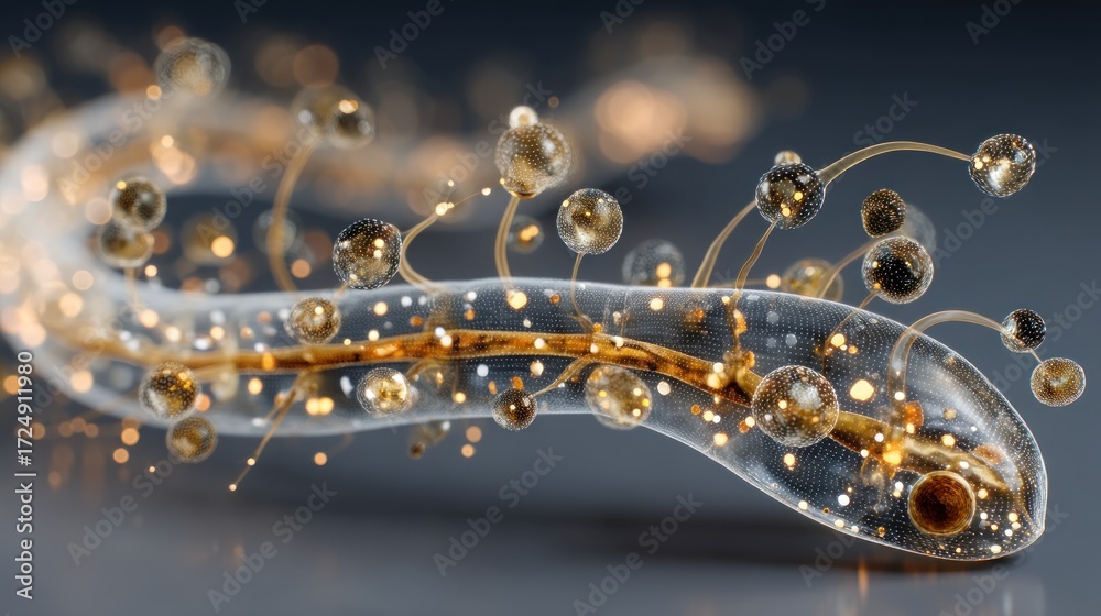 Obraz premium A detailed, glowing, translucent representation of a biological structure, showcasing intricate golden details and a dynamic composition.