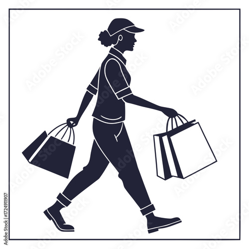 Stylized silhouette of a woman wearing a baseball cap and casual clothing walking with shopping bags in each hand representing consumerism and retail therapy