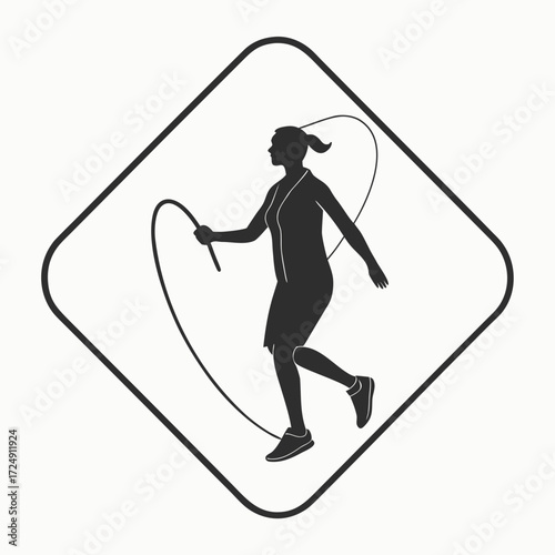 Silhouette of a woman jumping rope a dynamic fitness activity depicted within a diamond shape representing health and exercise