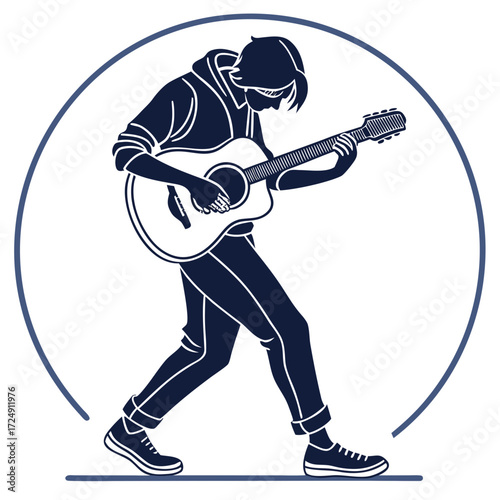 Silhouette of a young person playing an acoustic guitar with energy and passion framed within a circular design representing music and performance