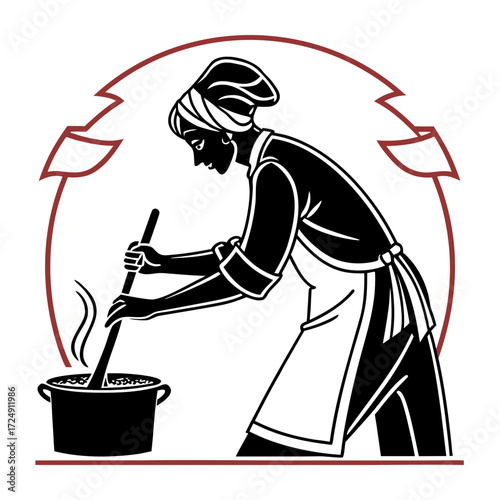 Stylized silhouette of a woman wearing a headscarf and apron stirring a pot of food with steam rising framed by a decorative circular border representing cooking and culinary arts