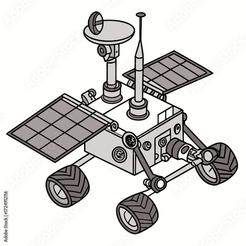 An isometric illustration of a robotic space exploration rover with solar panels an antenna and a satellite dish isolated on a white background