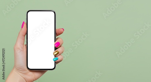 Showcase your app or website on this vibrant phone held by a stylish hand with colorful nails against a soft green background now
