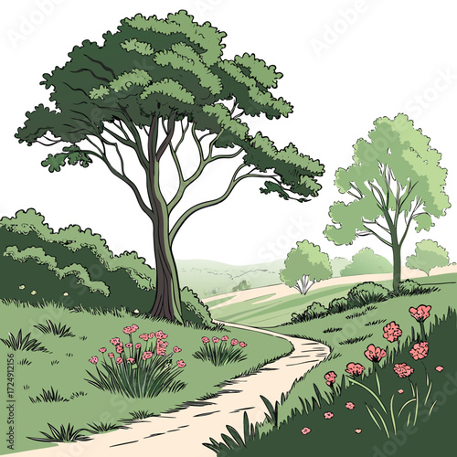 A winding dirt path curves through a lush green landscape with blooming pink wildflowers and mature trees under a bright sky