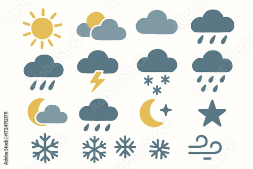 Weather icons set featuring sun, clouds, rain, snow, and wind symbols