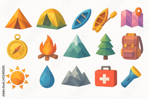 Outdoor adventure icons: camping, kayaking, and hiking essentials