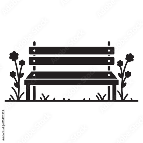 Simple black silhouette vector icon of a park bench surrounded by flowers and grass, representing outdoor relaxation, nature, and public spaces