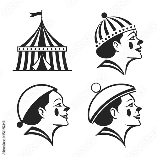 Set of four black and white graphic icons featuring a circus tent and three stylized profiles of clowns in different hats and makeup perfect for entertainment and performance themes