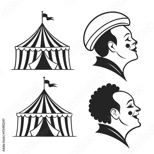 A graphic design featuring two classic circus tents and two stylized profiles of smiling clowns in black and white perfect for entertainment or performance themes