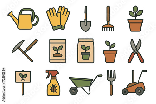 Colorful gardening tools and plants icon set