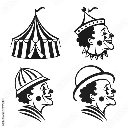 Classic circus icons featuring a striped big top tent and three distinct clown faces in profile with various hats and makeup for entertainment and performance themes