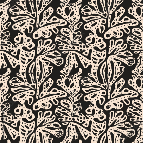 Seamless abstract pattern featuring organic, flowing shapes in beige on a black background, resembling stylized foliage.