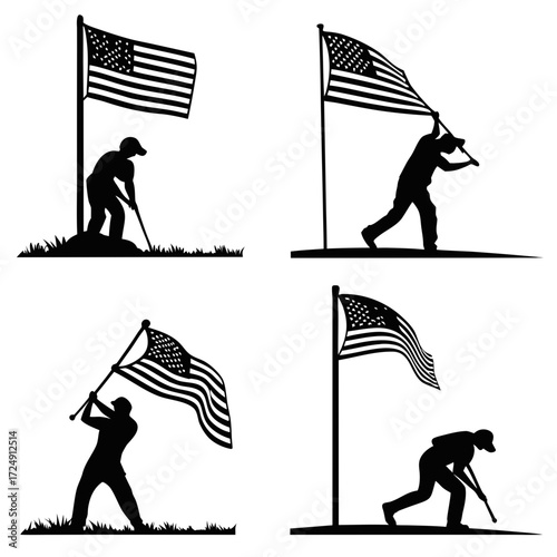 Silhouettes of people raising and tending to the american flag symbolizing patriotism freedom and national pride in various poses and actions