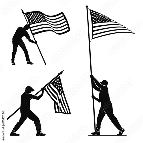 Silhouettes of people raising and holding the american flag representing patriotism freedom and national pride in various poses and actions