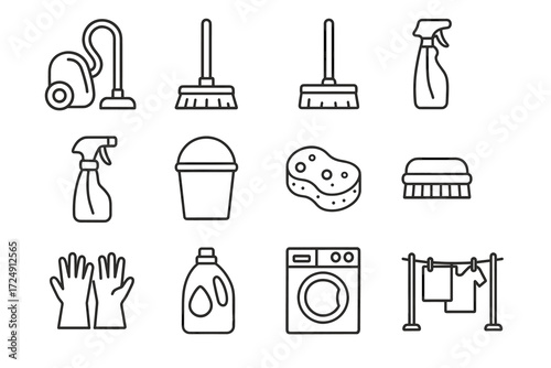 Collection of cleaning icons: vacuum, mop, spray bottle, washing machine, gloves, sponge