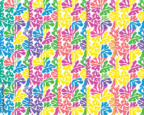 Abstract leaf shapes, vibrant multicolored pattern, in green, pink, yellow, blue, and purple against a white background print design