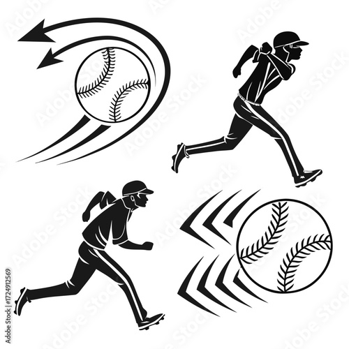 Dynamic black and white silhouette illustrations of baseball players in action a baseball in motion with speed lines and arrows and a baseball with speed lines
