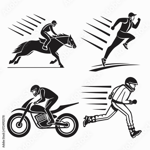 Dynamic action icons depicting a jockey on a horse a runner a motorcyclist and a speed skater in motion with stylized speed lines