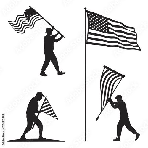 Silhouettes of people holding and raising the american flag in various poses representing patriotism and national pride in a clean graphic style