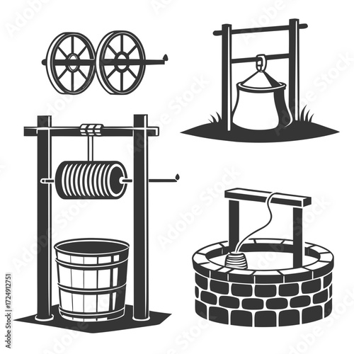 Collection of vintage well and water lifting devices including a wooden bucket rope pulley system and a simple well structure with a stone base and wooden frame