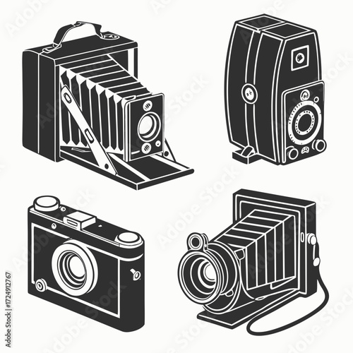 A collection of four vintage and retro cameras including folding bellows and box cameras presented in a clean graphic black and white illustration style
