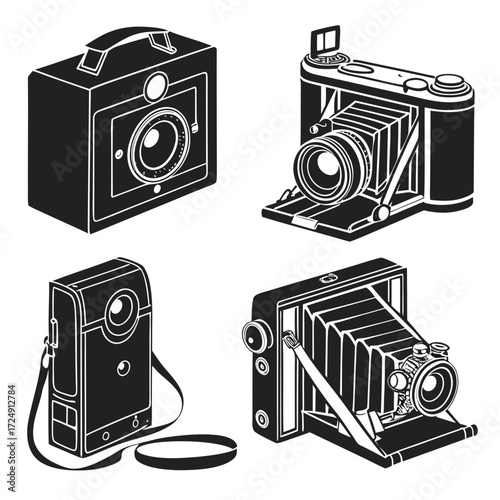 Collection of vintage and antique cameras including box cameras and folding bellows cameras presented as black and white graphic illustrations on a white background