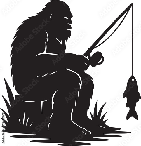 Funny Bigfoot Fishing Silhouette Sasquatch Outdoorsman Vector Graphic & Legendary T-shirt Design