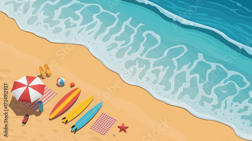 Serene Beach Scene with Surfboards Umbrella and Ocean Waves Ideal for Summer Vacation Visuals and Relaxation Imagery