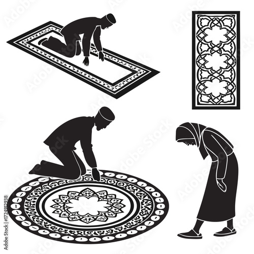 Silhouettes of muslim men and a woman performing islamic prayer salah on prayer mats with decorative islamic geometric patterns