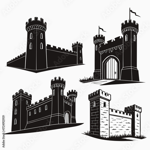 Collection of stylized black and white silhouette illustrations of medieval castles and fortresses with towers battlements and gates on a white background