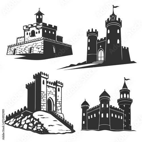Collection of four distinct medieval castle silhouettes in black and white showcasing varied architectural styles and fortifications against a clean white background
