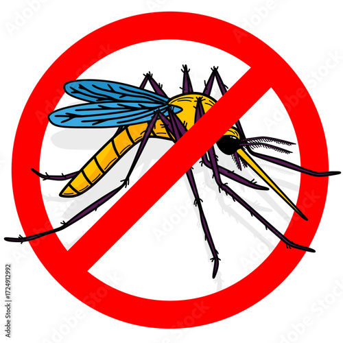 Prohibitory sign, mosquito insect crossed out by a red line. Blood-sucking parasite, carrier of diseases, for pest control label.