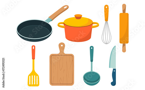 Essential Kitchen Utensils Flat Lay Illustration for Cooking Baking and Food Preparation on White Background